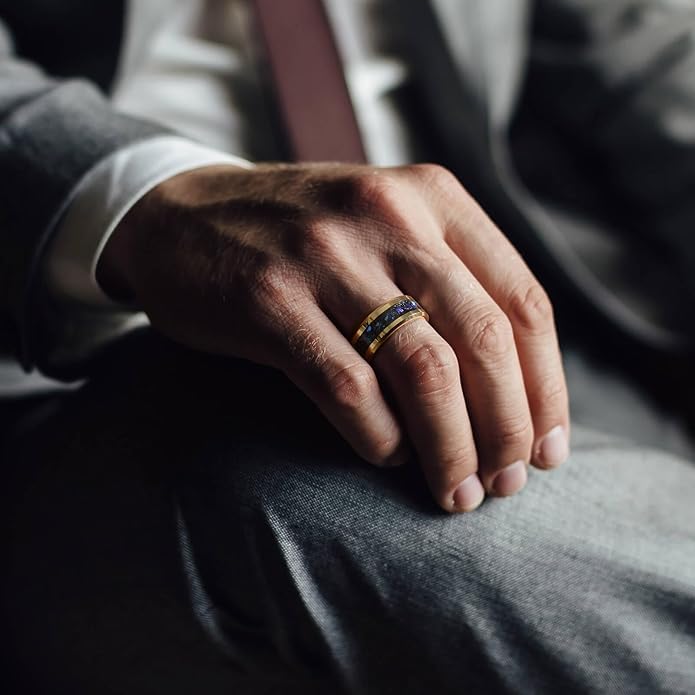 Men's 8mm Black/Gold Tungsten Carbide Wedding Ring Nebula Galaxy Wedding Promise Gold Foil Inlay Real Meteorite Matte Bevel Comfort Fit