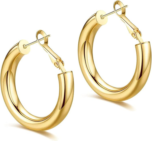 8YEARS Chunky Gold Hoop Earring for Women, 18K Gold Plated Lightweight Thick Hoops, Hypoallergenic Trendy Jewelry for Gift