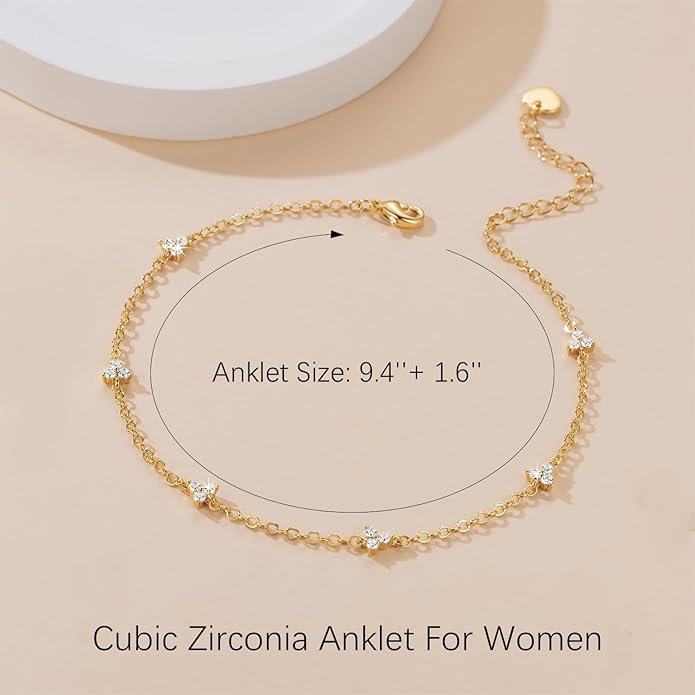 VSNPO 14K Gold Anklets for Women Gold Ankle Bracelets for Womens Clover and Three-Petal Flower Design with Cubic Zirconia Anklet Bracelet for Womens