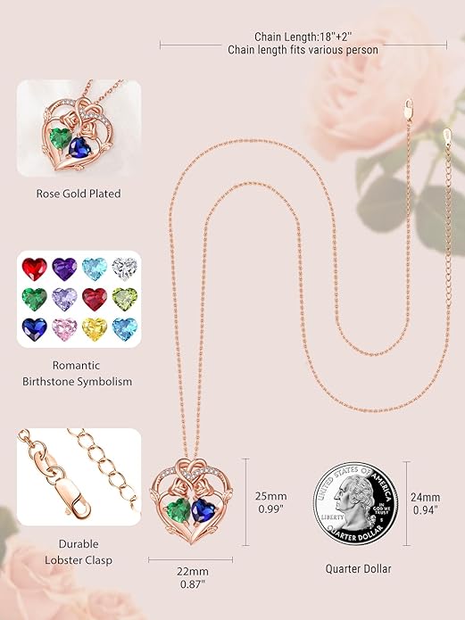 Rose Gold Necklaces for Women Double Birthstone Rose Flower Heart Pendant Necklace Jewelry Anniversary Christmas Valentine's Mother's Day Birthday Gift for Wife Mom Her Girlfriend Sister