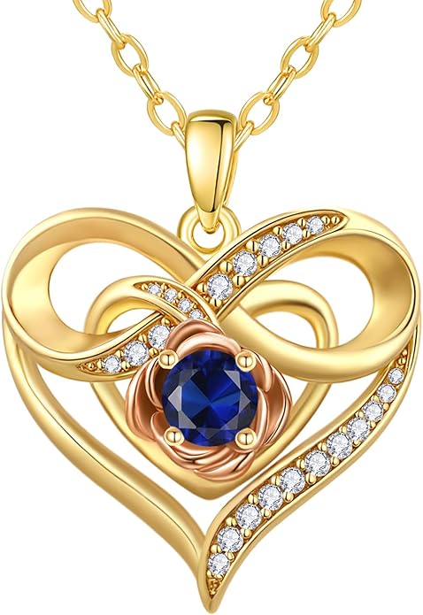 Infinite Heart Birthstone Necklaces for Women Gold Plated Pendant Wedding Anniversary Birthday Gift for Wife Her Mom Grandma Daughter Jewelry with Round Birthstone