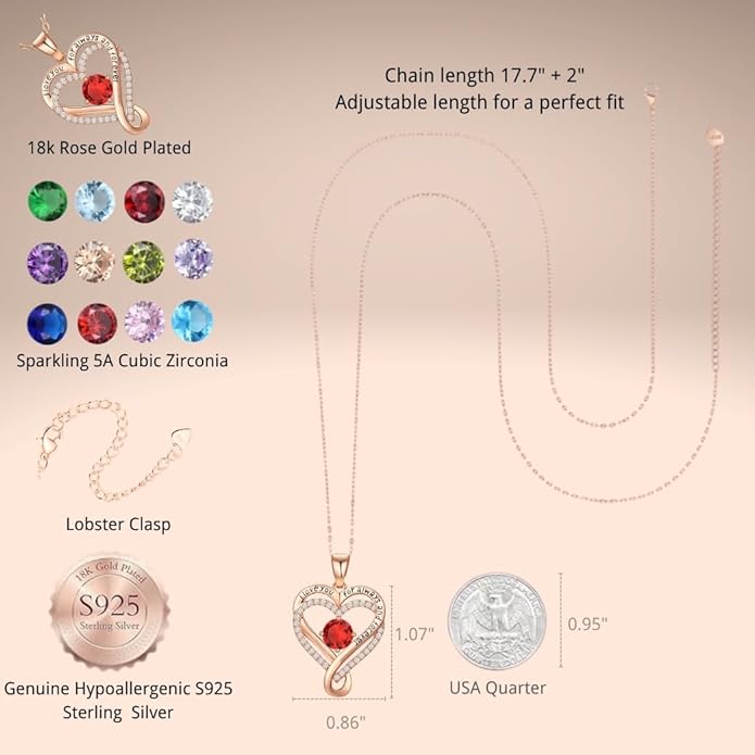 Birthstone Infinity Heart Necklace for Women Wife Girlfriend Mom Daughter Gifts S925 Silver Jewelry For Anniversary Rose Gold Gifts For Birthday Christmas Mothers Valentines Day