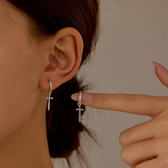 Dagger Hoop Cuff Earrings Cubic Zirconia Hypoallergenic Cartilage Earrings Huggie Ear Piercing Sword Small Dangle Drop for Women & Men BFF Stylish Jewelry