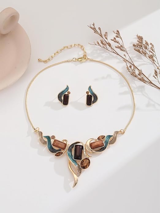 Chunky Statement Jewelry Set Vintage Retro Leaf Flower Floral Geometric Bohemian Boho Bib Necklace Earring Set Fashion Costume Jewelry for Women Girls Wedding Party Prom Unique Gift