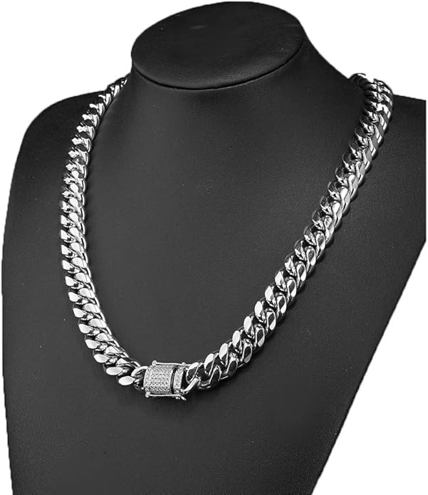 Jxlepe Mens Miami Cuban Link Chain White 15mm Stainless Steel Curb Necklace with cz Diamond Chain Choker