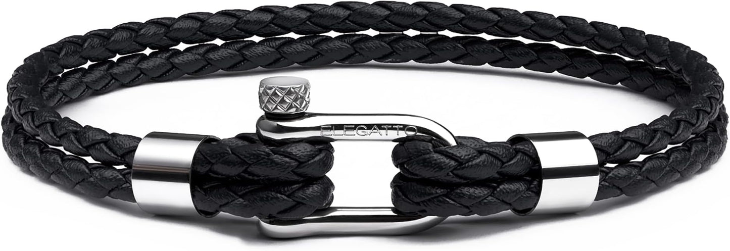 Elegatto Helix Premium Vintage Leather Bracelet for Men | Double Black Leather Strands with Sterling Silver Polished Mini Shackle Closure | Men’s Designer Jewelry