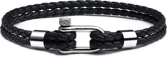 Elegatto Helix Premium Vintage Leather Bracelet for Men | Double Black Leather Strands with Sterling Silver Polished Mini Shackle Closure | Men’s Designer Jewelry