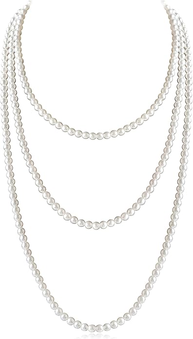 Long Pearl Necklaces for Women Cream White Faux Pearl Strand Layered Necklace Costume Jewelry