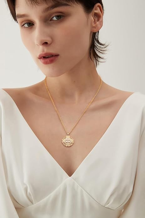 CANEVINKA 18K Gold Plate Coin Pendant Necklace for Women Dainty Compass Sunflower Necklaces Personalized Chain Layered Jewelry