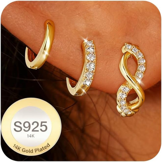 DORANA Valentines Day Gift 3 Pairs 925 Sterling Silver Earrings for Women Girls Non Tarnish Small Hypoallergenic Huggie Hoops Cartilage Stack Earring Sets for Multiple Piercing