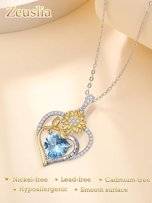 Zeuslia Double Birthstone Necklace Gifts for Wife - 925 Sterling Silver Sunflower/Rose/Crown Cross/Compass/Heart Pendant I Love You Necklace, Anniversary Birthday Gifts for Wife Girlfriend Mom Her
