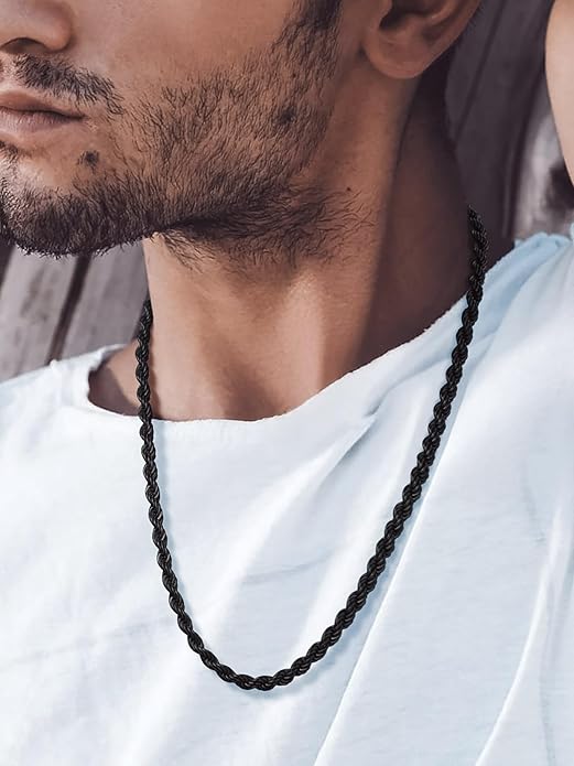 Bandmax Solid 1.5mm/2mm/3mm/6mm Rope Chains for Men Women 14K Gold Plated/Black Plated Stainless Steel Twist Chain 16-30 Inches, with Gift Box