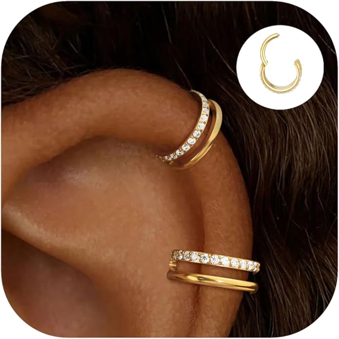 2 PCS Small Cartilage Double-Hoop Helix Conch Piercing Earrings With Cubic Zirconia For Women Trendy 14K Gold Plated Titanium Surgical Stainless Steel Sets Jewelry