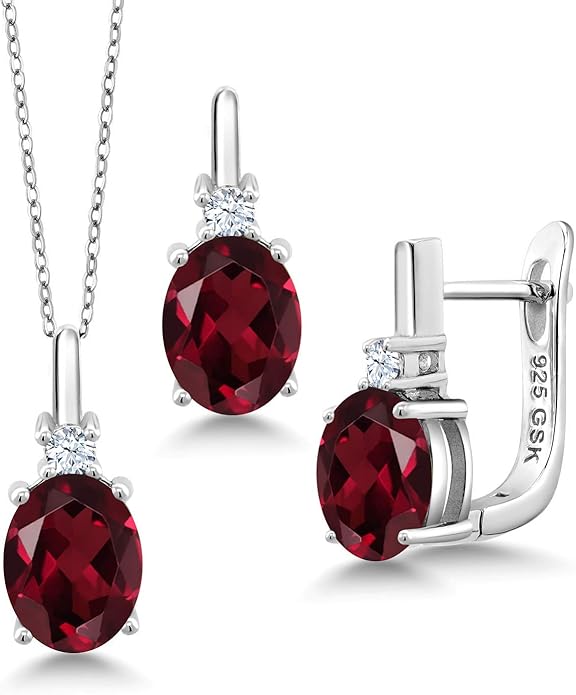 Gemstone Birthstone and White Created Sapphire Pendant and Earrings Jewelry Set for Women in 925 Sterling Silver | Oval 8X6MM and Round 2.5MM | With 18 Inch Chain | Fine Jewelry for Her Mom Women Wife