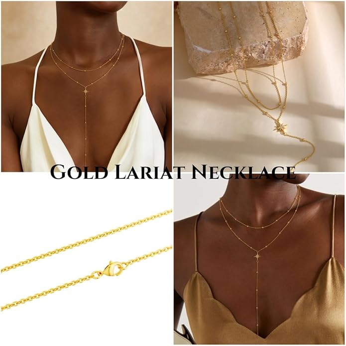 Lariat Necklaces for Women - Dainty Long Necklace Trendy 14K Gold Plated Hypoallergenic Layered Long Y-Shape Sunburst CZ T-Bar Pendant Drop Chain Necklace Set for Women Non Tarinsh Jewelry Gift