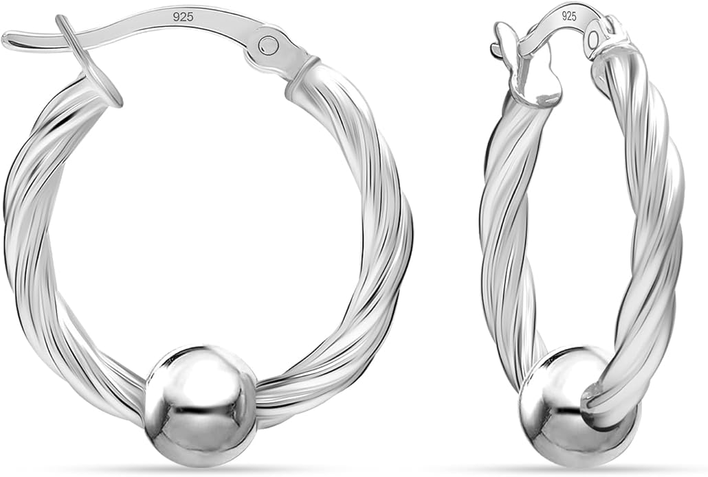 LeCalla 925 Sterling Silver Beaded Ball Hoop Earrings | Lightweight Sleeper Bead Ball Earring Hoops | Cape Style Hoop Earrings for Women