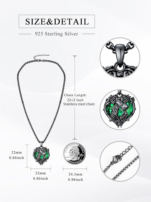 Flpruy 925 Sterling Silver Black Gothic Jewelry Gifts Skeleton Couple Pendant Crystal Birthstone Heart Necklace Punk Romantic Jewelry for Lover Men Women