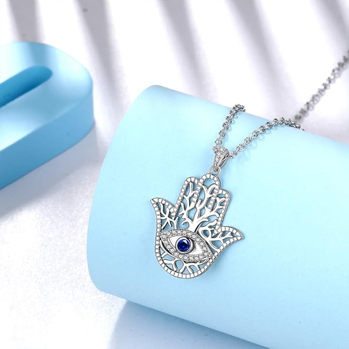 Evil Eye Necklace Evil Eye Hamsa Hand of Fatima Necklace 925 Sterling Silver Fine Jewelry Gifts for Womens White Blue CZ Third Eye Stud Earrings Turkish Eye Ring Hamsa Hand Jewelry Set Gifts Valentine Day Chrismtas Gifts