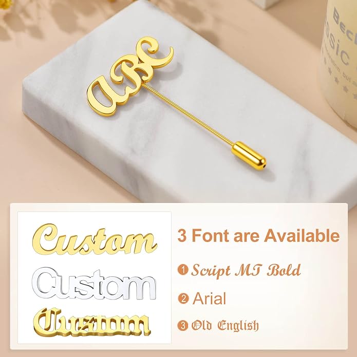 Custom4U Custom Name Pin Personalized Brooch Pins for Women Men Stainless Steel Name Tag with Letters/Initials - Silver/Gold/RoseGold/Black Customized Jewelry Gifts for Birthday Wedding Business Party