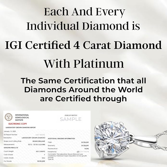 IGI Certified 0.5–4 Carat Lab Grown Diamond Solitaire Pendant Necklace (E-F Color VS Clarity) Solid 14K Gold / Platinum / Sterling Silver 20" Chain Anniversary Jewelry for Women Gifts