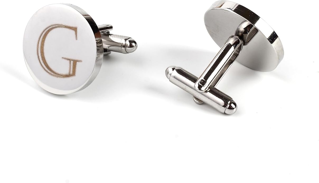 Mens Initial Silver Cufflinks A-Z Alphabet Letter Steel Cuff Links with Engraved Walnut Wood Box Groom Groomsman Wedding Set…