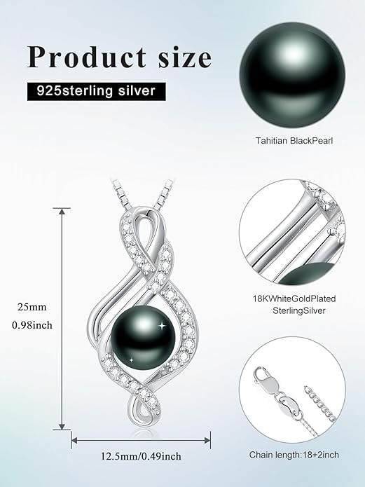 KANNSOAR Tahitian Black Pearl 18K White Gold Plated Sterling Silver Heart/Infinity/Four Leaf Clover Pendant Necklace Jewelry Gifts for Women Wife Mom Girlfriend Wedding Birthday Anniversary Christmas