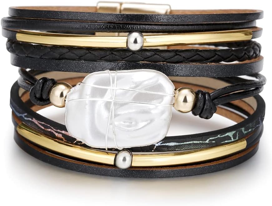 Fesciory Leather Wrap Bracelets for Women, Boho Leopard Multi-Layer Crystal Beads Cuff Bracelet Jewelry