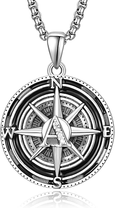 KINGWHYTE Compass Necklace for Men 925 Sterling Silver Birthday Gifts Graduation Travel Jewelry for Husband Brother with Stainless Steel Chain