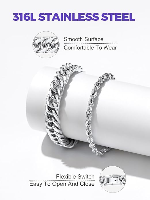 Richsteel 2PCS/3PCS Bracelets Chain for Men Women Stainless Steel Silver/Gold/Black Cuban/Rope Link Chain Bracelets Set, 7.4/8.2/9 Inch Hand Chain Length for Men Women Jewelry