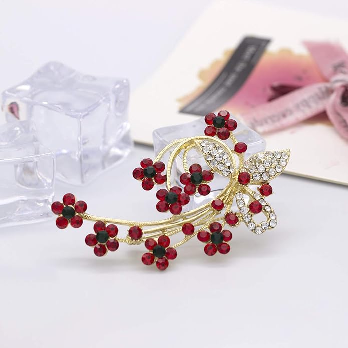 YOQUCOL Red Colour Zircon Crystal Poppy Flower Bouquet Shape Brooch Pins for Woman Gift