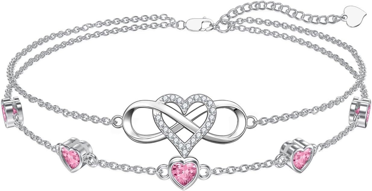 Dorunmo 925 Sterling Silver Infinity Heart Birthstone Anklet Bracelets for Women Best Mother's Day Birthday Jewelry for Wife Girlfriend Mom Her