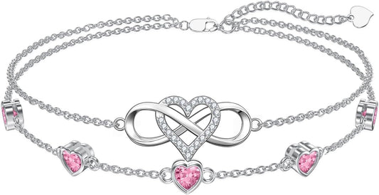 Dorunmo 925 Sterling Silver Infinity Heart Birthstone Anklet Bracelets for Women Best Mother's Day Birthday Jewelry for Wife Girlfriend Mom Her