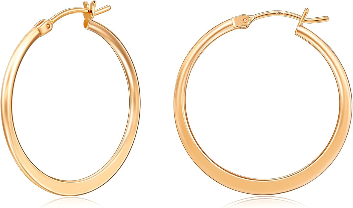 Gacimy Flattened 14K Gold Plated Hoop Earrings for Women, 14K Real Gold Plated Hoops with 925 Sterling Silver Post,Hypoallergenic Lightweight Earring