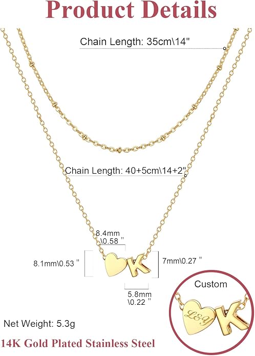 FOCALOOK Layered Initial Necklace for Women, 14K Gold Plated Choker Necklaces Stacks with Initial A-Z, Dainty Silver Heart Pendant Necklace Personalized Birthday Women Jewelry