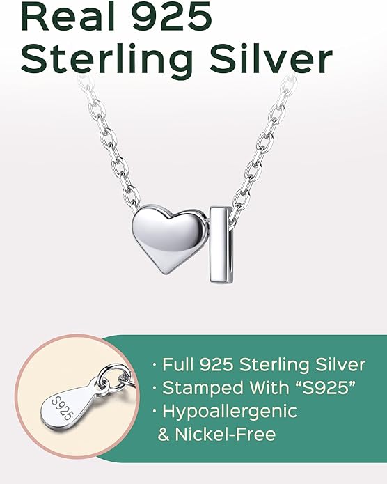 ChicSilver 925 Sterling Silver Heart Initial Necklaces for Women -Dainty Personalized Heart Pendant Letter Alphabet Necklace for Women