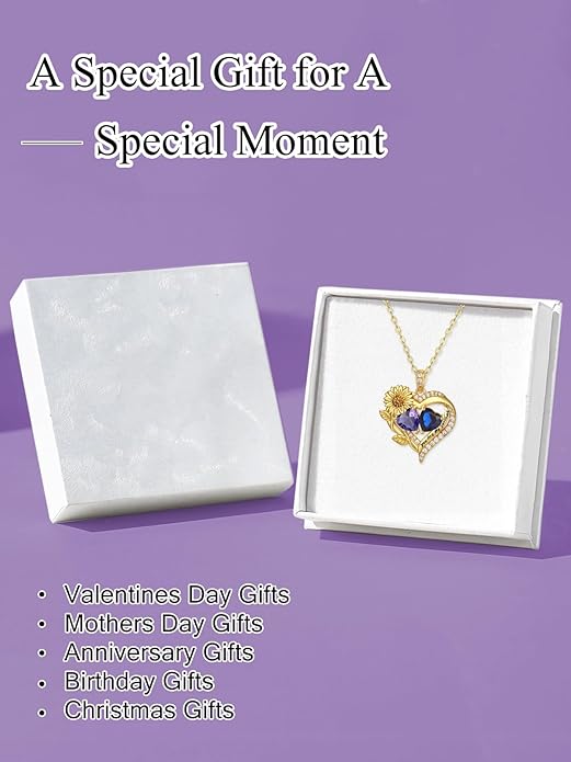 Sunflower Heart Necklace for Women 14K Gold Exquisite Anniversary Birthday Gifts for Wife Mother Her Double Birthstone Pendant jewelry‘You Are My Sunshine’