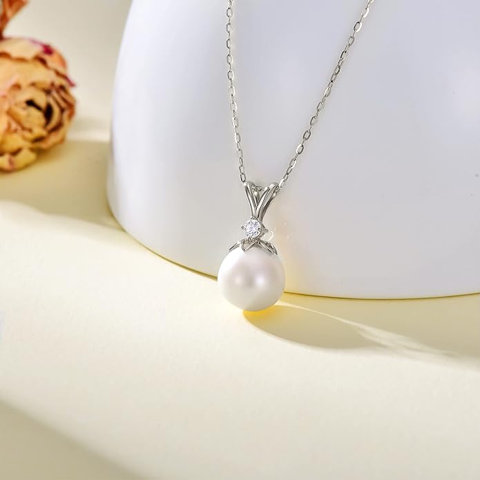 14K Gold Pearl Necklace for Women, 9mm White Freshwater Cultured Pearl Love Heart Pendant Necklace Jewelry Anniversary Present for Women, Girls 16+2 Inch