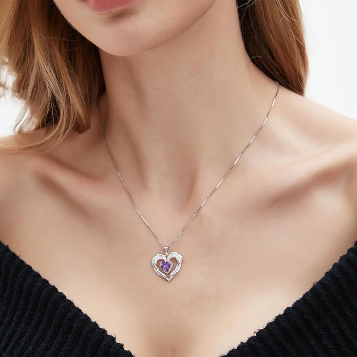 Heart Necklaces Valentine's Gift for Women, Birthstone 925 Sterling Silver Angel Wings Love Pendant Necklaces for Women, Jewelry Gifts for Wife, Anniversary, Mother's day