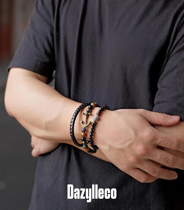 3pc Mens Beaded Bracelets Silver Stainless Steel Chain Bracelet for Men Handmade Braided Bracelet Sets Jewelry Gifts for Men