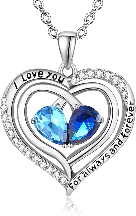 Zeuslia Double Birthstone Necklace Gifts for Wife - 925 Sterling Silver Sunflower/Rose/Crown Cross/Compass/Heart Pendant I Love You Necklace, Anniversary Birthday Gifts for Wife Girlfriend Mom Her