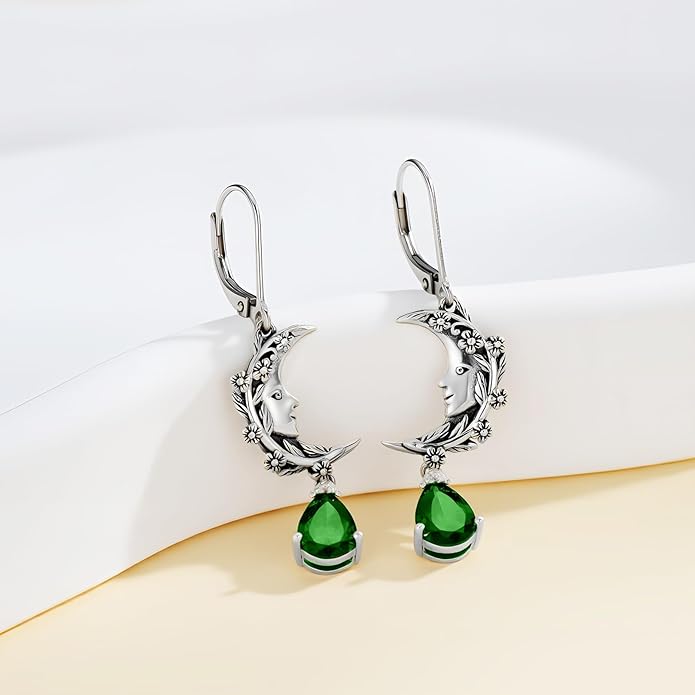 925 Sterling Silver Vintage Retro Oxidized Moon Crescent Dangle Drop Leverback Earrings with 12 Months Birthstone Jewelry Gifts for Women Her