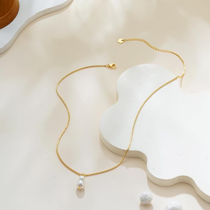 Gold Pearl Necklaces for Women Trendy, 14K Gold Plated Dainty Necklace Simple Layered Pearl Necklaces for Women Trendy Wedding Birthday Jewelry