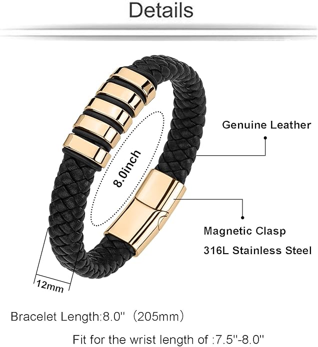 Leather Bracelet for Men Braided Cuff Wristband Stainless Steel Clasp in Silver and Gold Jewellery Gift
