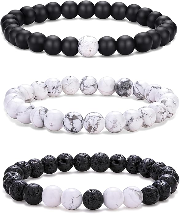 RANKEEF Mens Bead Bracelet Set - Adjustable Elastic Rope With 6&8MM Natural Stone Multi-Colored Beads - Tiger Eye Bracelets for Men - Gift
