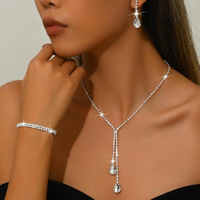 MIFYNN Rhinestone Wedding Set for Women Sparkle Crystal Earrings Necklace Bracelet Jewelry Set Wedding Party Prom Jewelry Set for Brides Bridesmaid