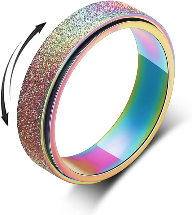 AmorArtSky Anxiety Ring for Women Men, Titanium Stainless Steel Spinner Ring, 5 Colors, 6MM, Size 6-10, 3 Styles Anxiety Ring-Moon Star, Sandblasted Finished, Hollow Outer