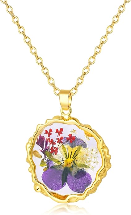 Birth Flower Necklaces for Women,1-12 Month Real Pressed Flower Necklace,Boho-Style Personalized Jewelry, Handmade Floral Pendant,Thoughtful Gift for Christmas,Birthday|18"