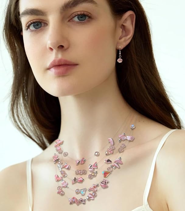 Multi-Layer Boho Shell Beaded Necklace for Women Colorful Crystal Strand with Silver Beads Statement Collars Necklace and Earrings Costumes Jewelry Sets for Women