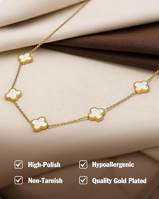 Aimétte Monette 18K Gold Plated Jewelry Set Clover Necklace Stud Earrings for Women Hypoallergenic Lucky Clover Pendant Necklace Gold Bracelets for Women Gifts