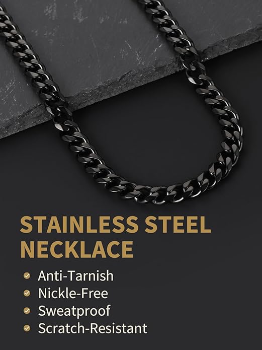 FindChic Cuban Link Chain for Men, 6/9/12mm Necklace Chain, Black/Gold Plated/Stainless Steel Necklace, Hypoallergenic & Tarnish-Proof Men's Jewelry Hip Hop Accessories, 18-30" Length Options